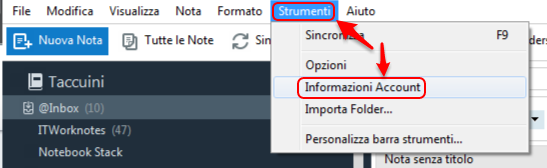 Screenshot menu Evernote con opzioni 'Strumenti' e 'Informazioni Account'.