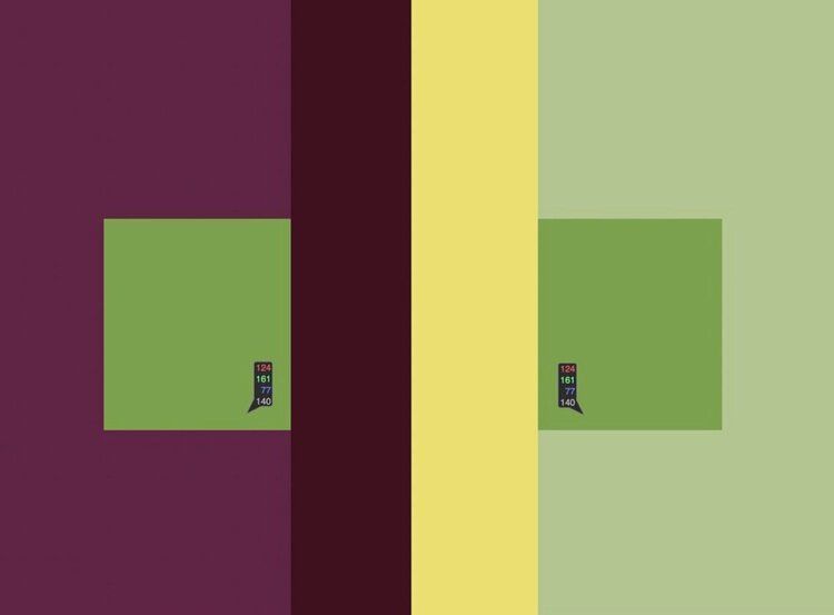 Esempio di interazione cromatica con quadrati verdi identici su sfondi di colore diverso che ne alterano la percezione visiva.
