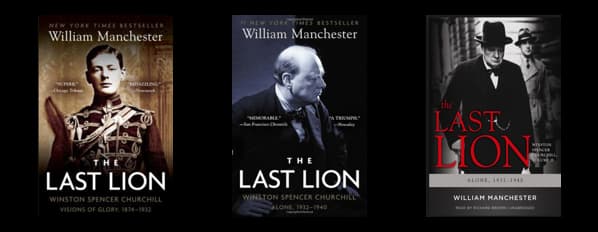 Copertine dei tre volumi della serie "The Last Lion" di William Manchester, cronaca della vita di Winston Churchill.