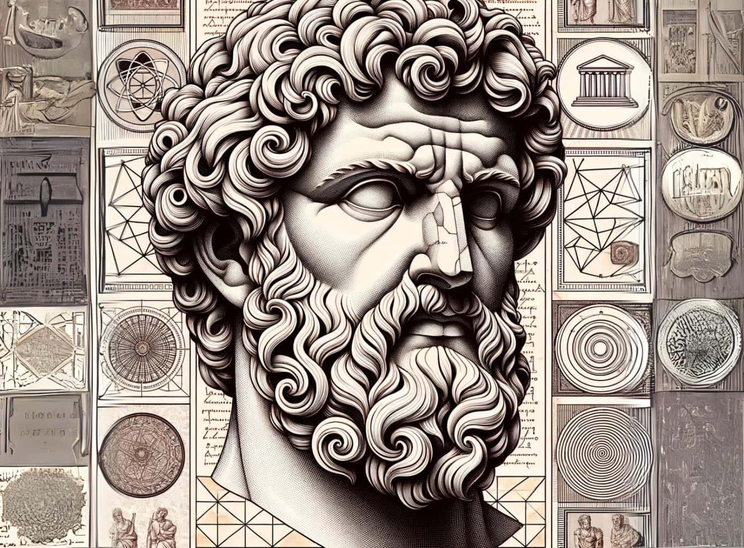 Ritratto di Epitteto circondato da simboli storici e geometrici