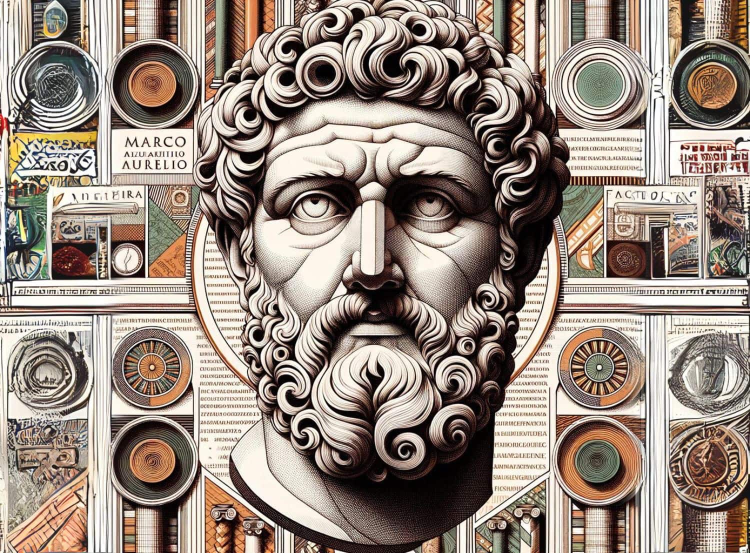Ritratto di Marco Aurelio circondato da elementi antichi.