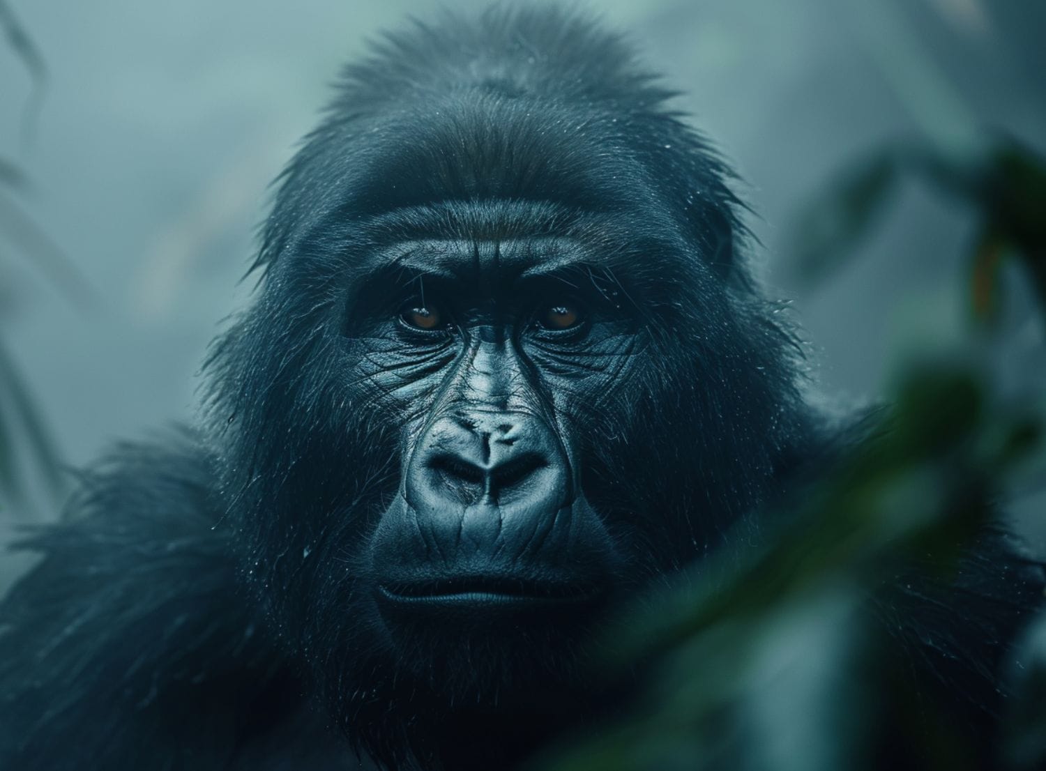 Gorilla pensieroso nell'habitat nebbioso 