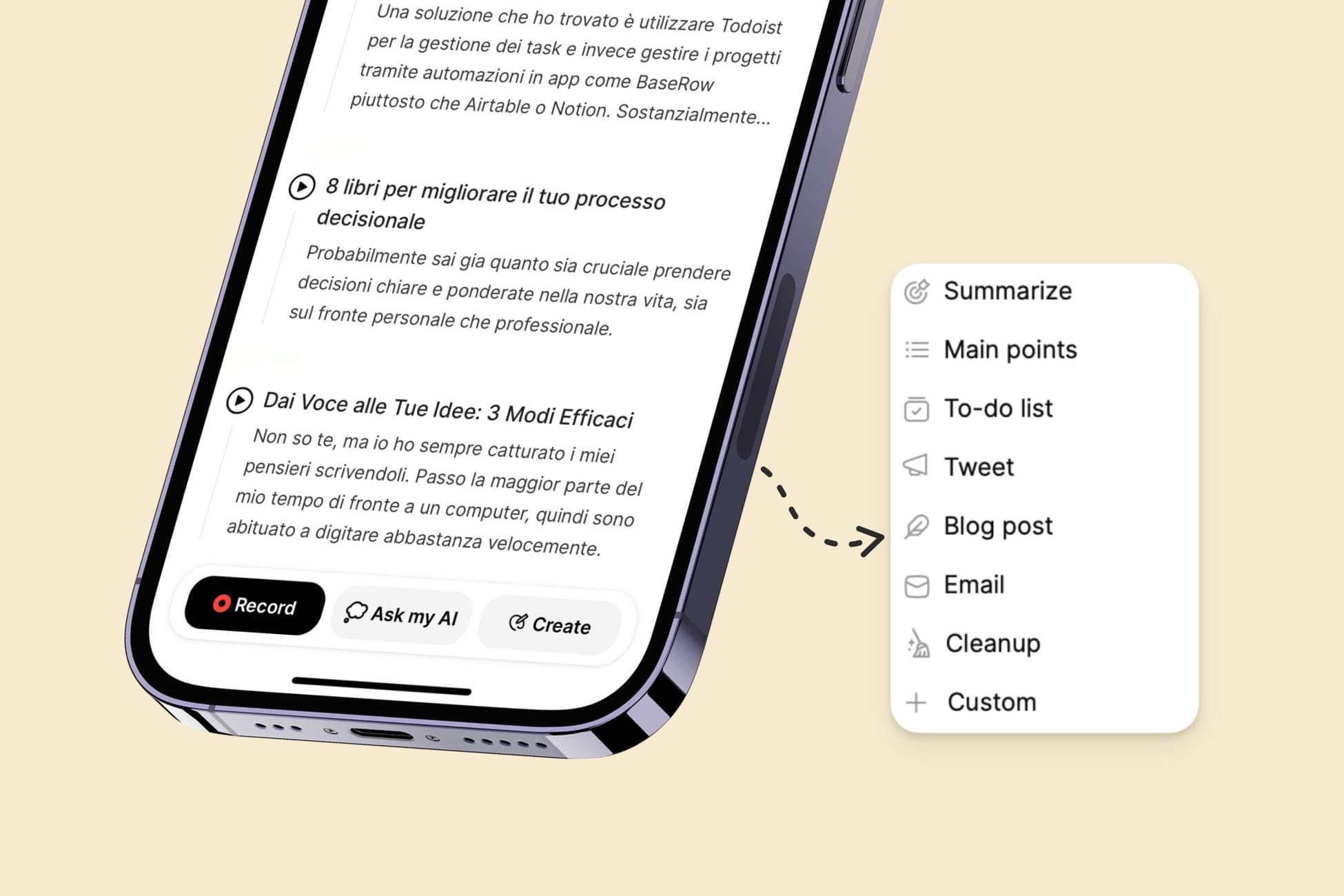 Schermata dell'app Voice Notes che offre prompt per convertire registrazioni vocali in post di blog, email e to-do list.