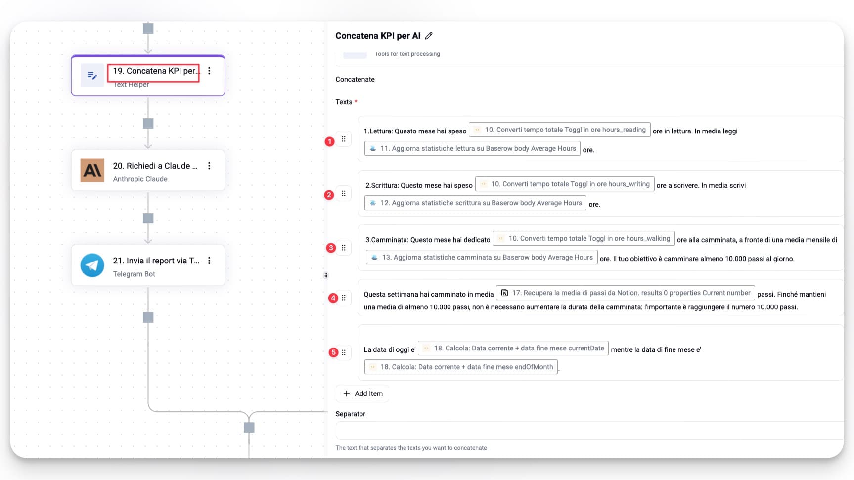 Azione di Activepieces per concatenare KPI da inviare all'AI.