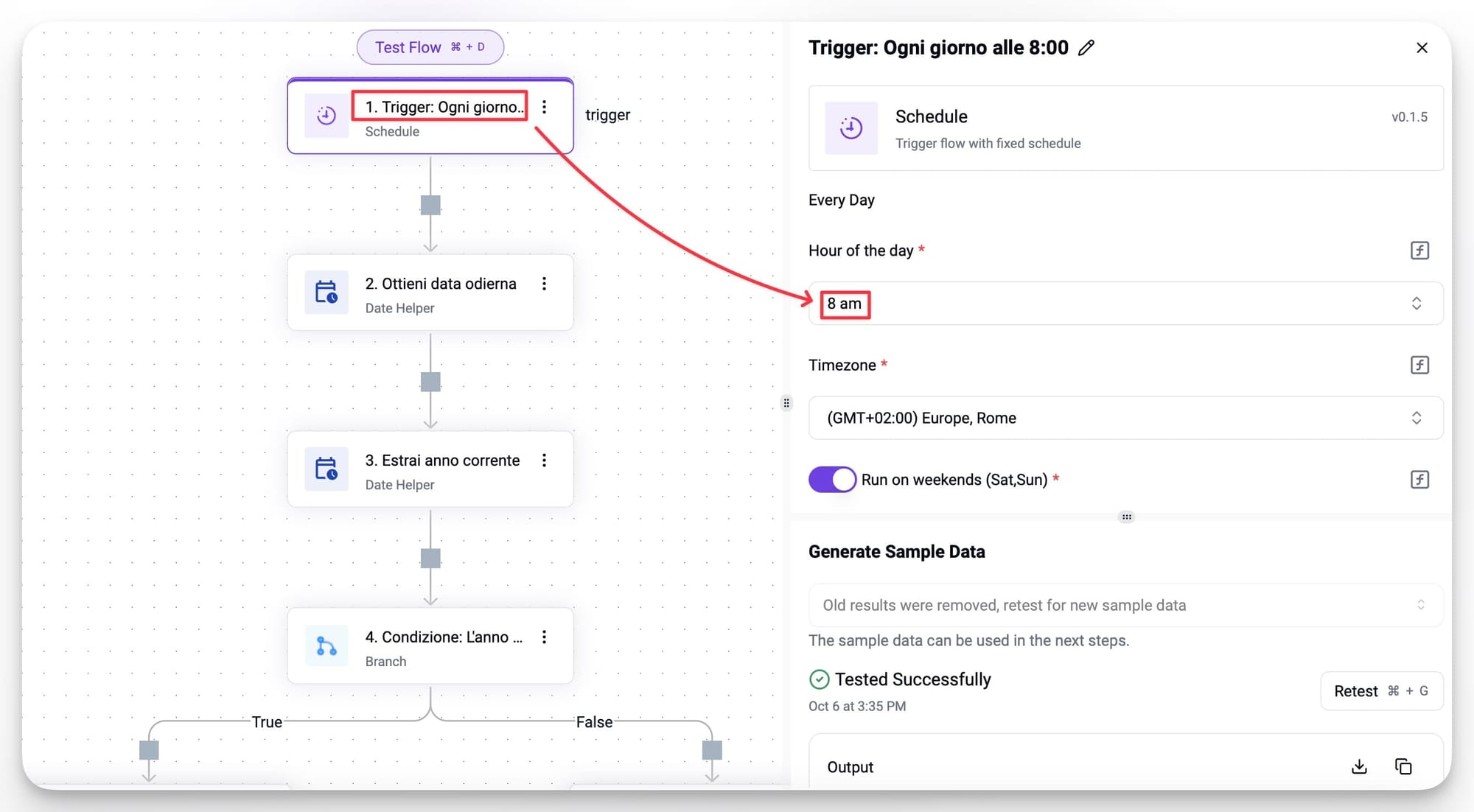 Trigger di Activepieces impostato per eseguire il flusso ogni giorno alle 8:00 del mattino