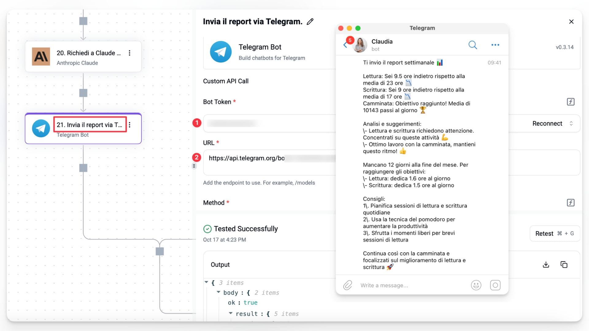 Azione di Activepieces per inviare il report generato via Telegram