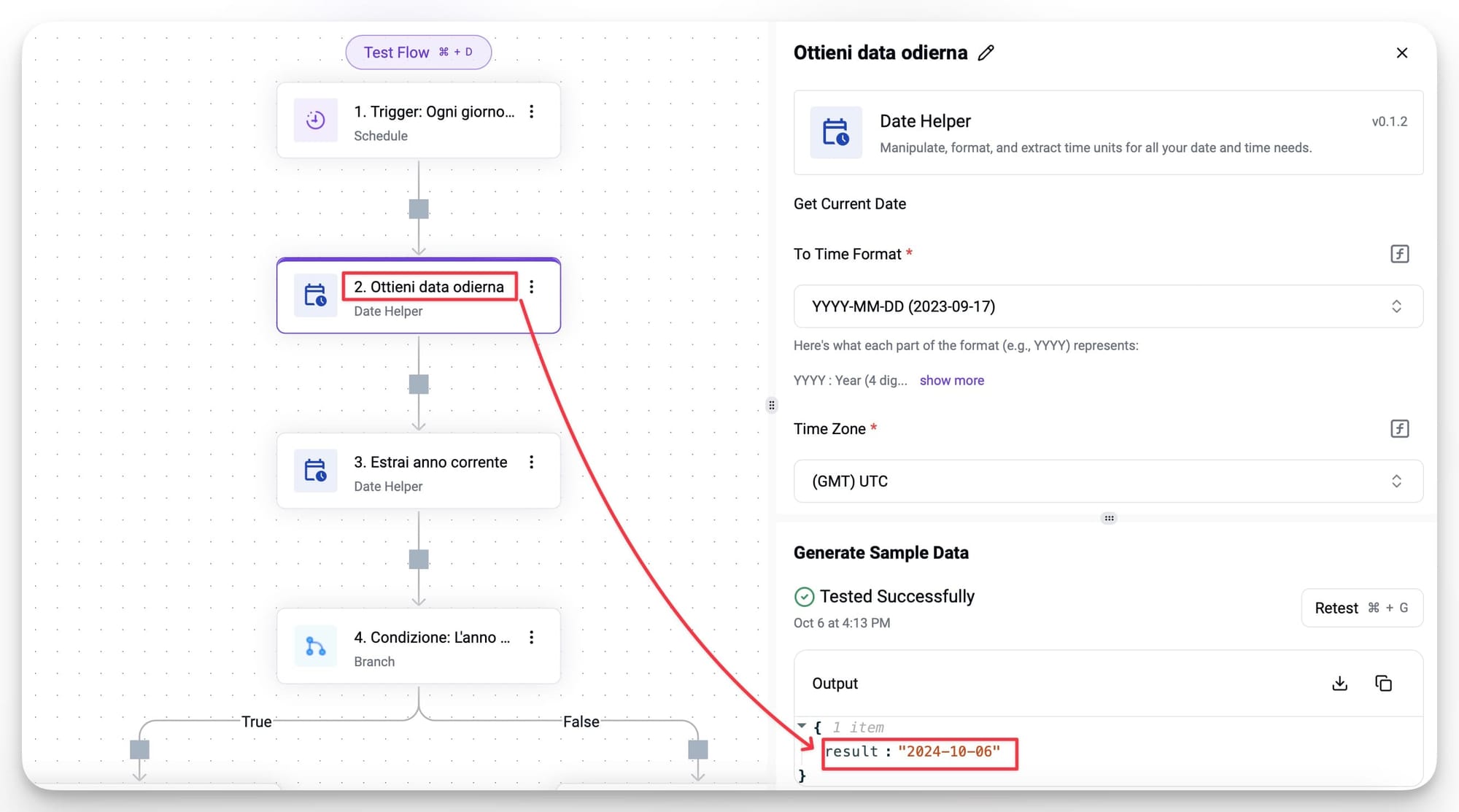 Azione di Activepieces per ottenere la data odierna