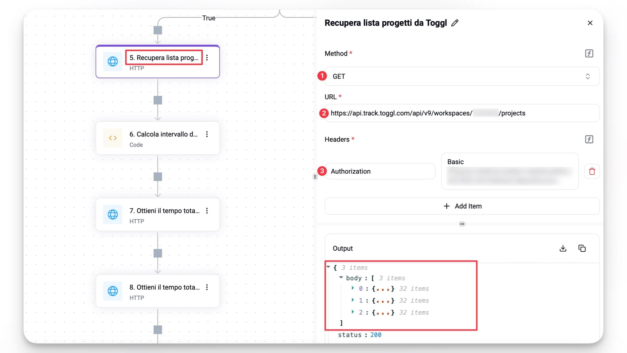 Azione di Activepieces per recuperare la lista dei progetti da Toggl.