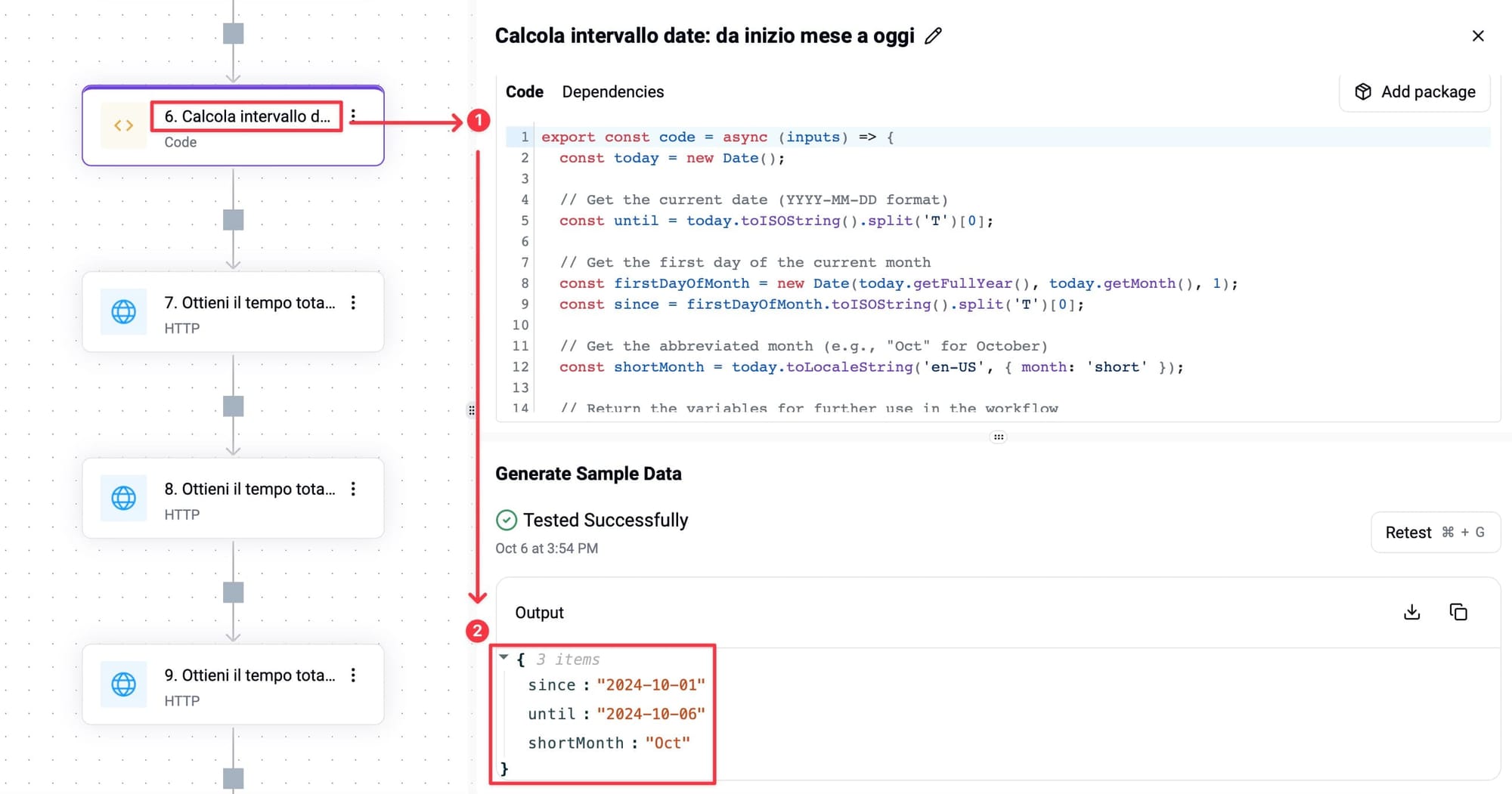 Azione di Activepieces per calcolare la data dall'inizio del mese a oggi.