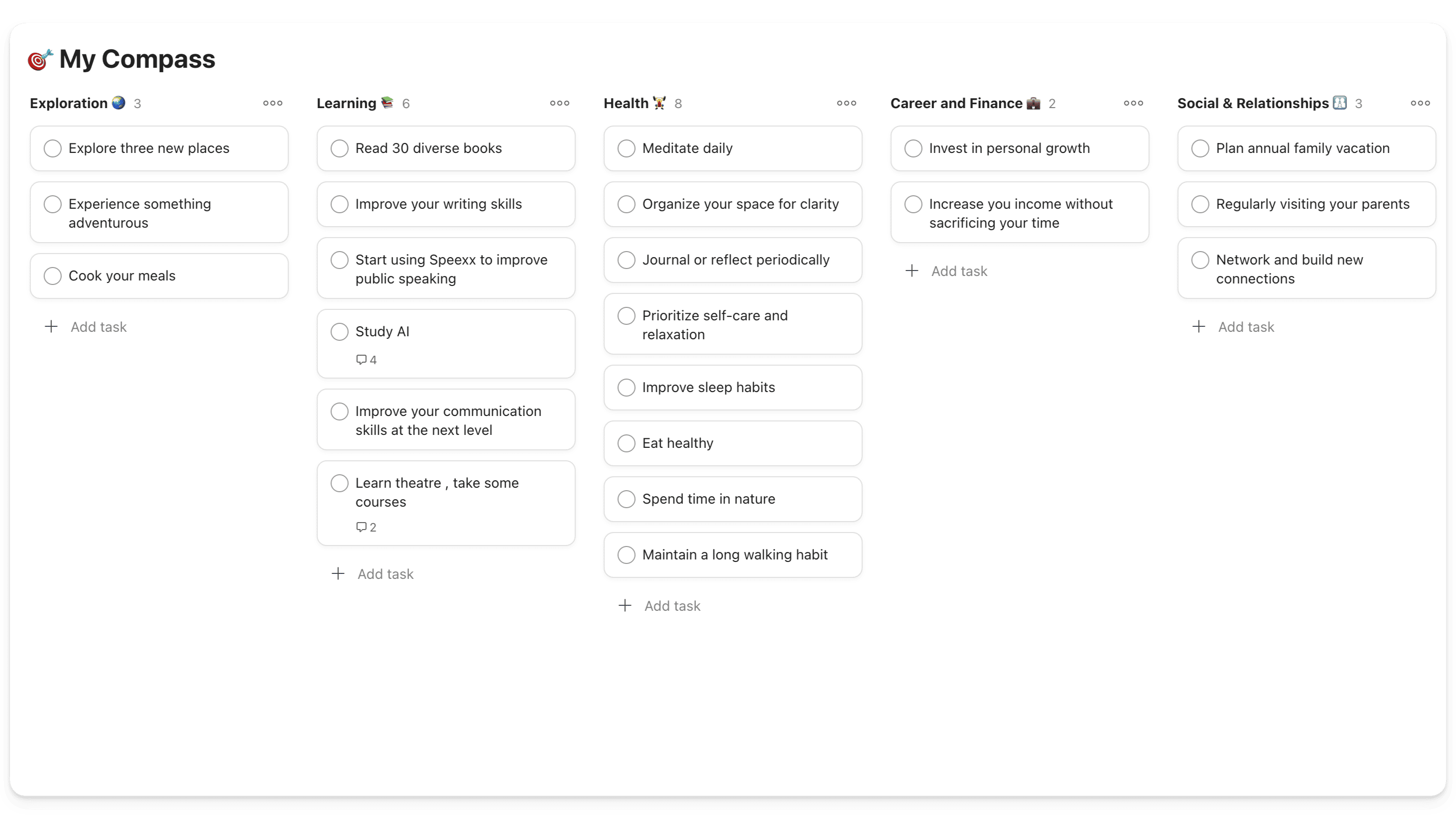 Compass personale: dashboard di obiettivi in categorie come Esplorazione, Apprendimento, Salute, Carriera e Relazion