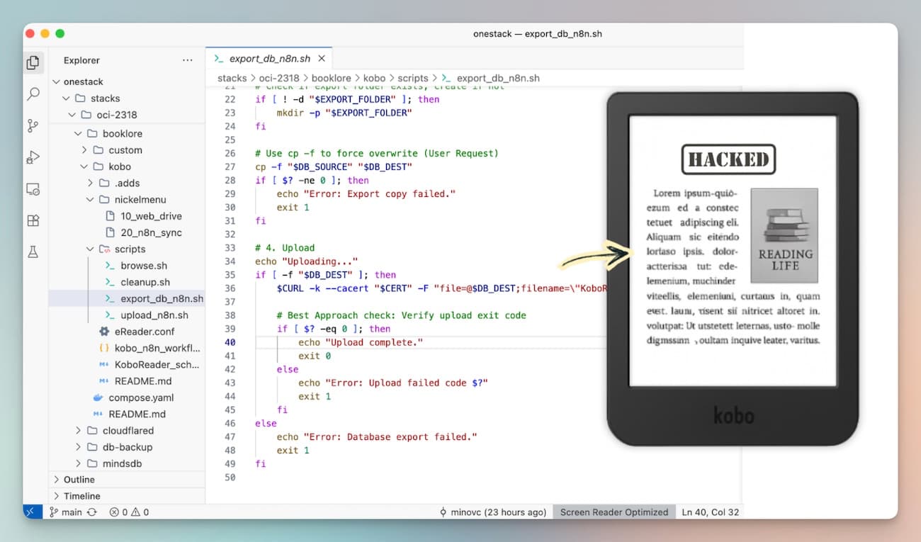 Illustrazione VS Code per esportare il database del Kobo e caricare i dati