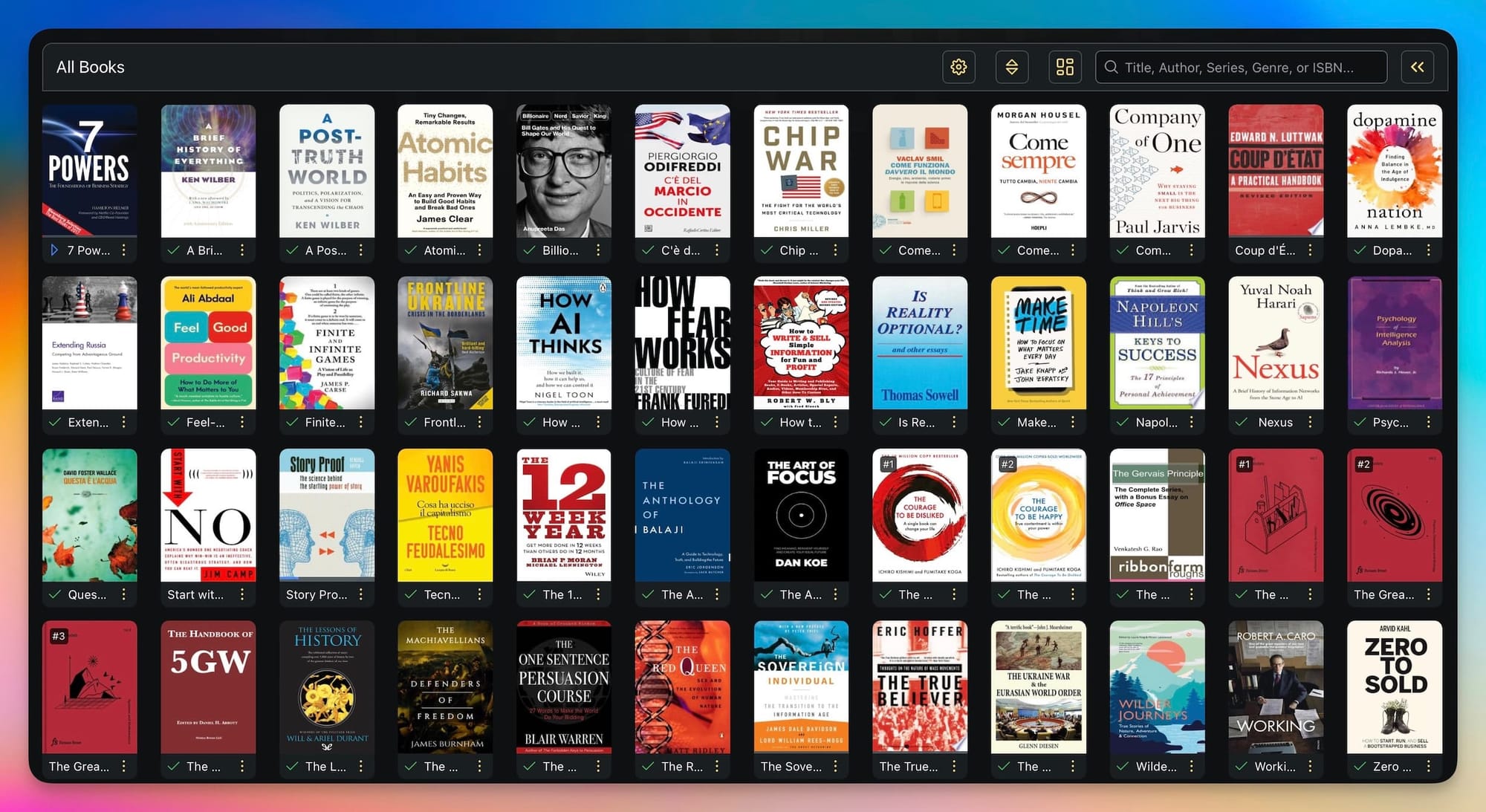 Screenshot della mia libreria su Booklore. Niente DRM. Solo file di mia completa proprietà.
