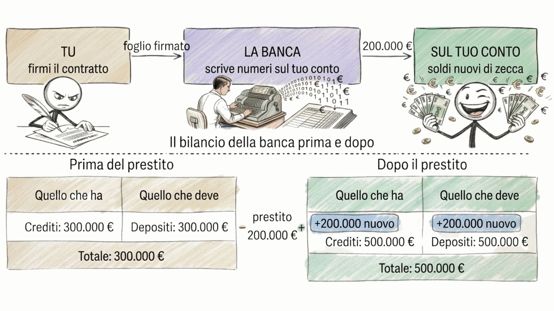 Schema che mostra come la banca crea denaro dal nulla nel momento in cui firmi il contratto