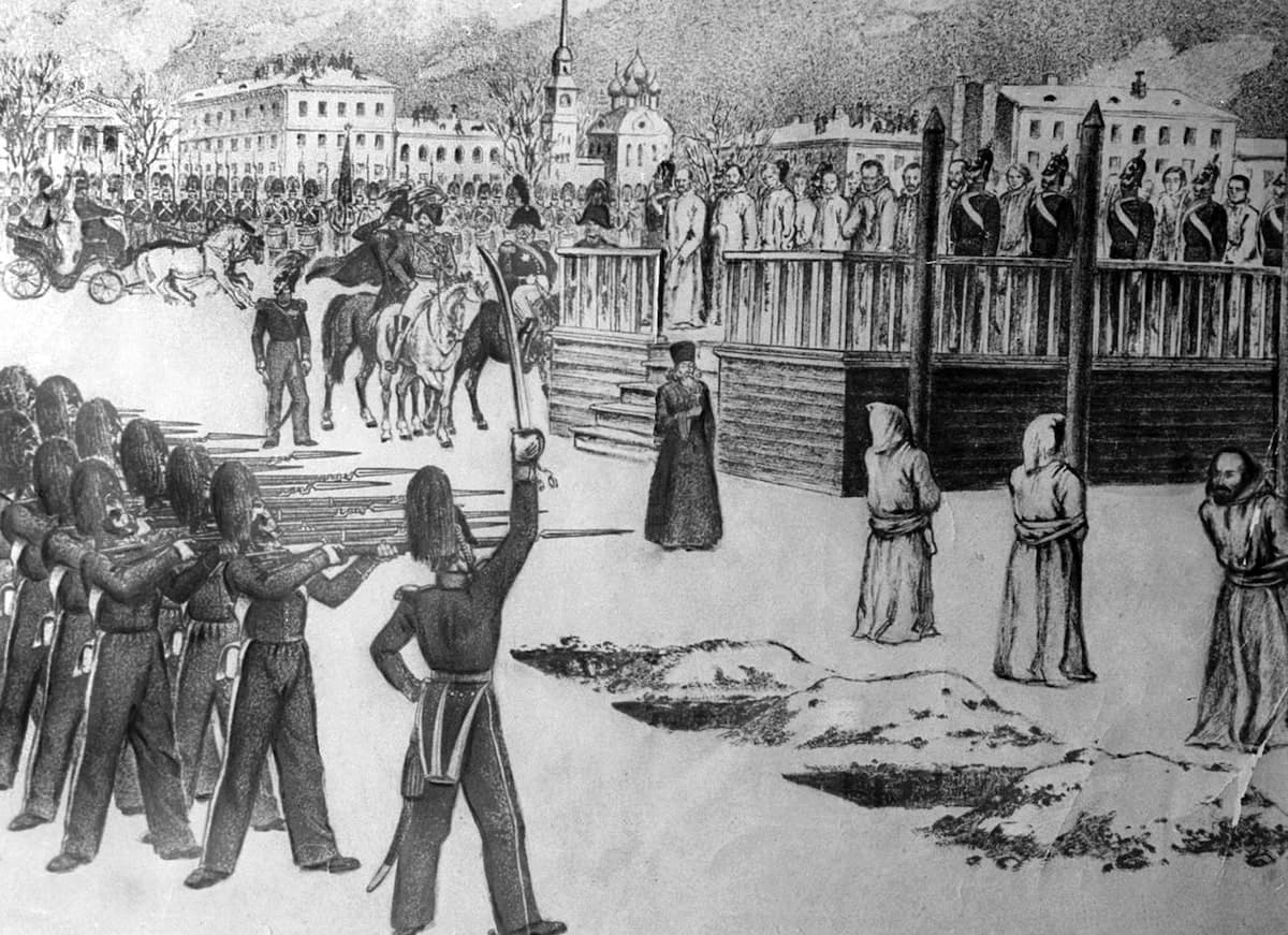 Disegno di B. Pokrovsky che illustra la finta esecuzione di Dostoevskij in piazza Semënovskij, 1849.