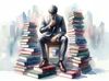 Uomo seduto su una pila di libri, simboleggiando l'importanza della lettura e dello sviluppo personale
