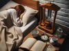 Donna addormentata accanto a libri, sveglia e tisana, simbolo di sonno ristoratore.