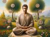 Uomo meditante con simboli di pace e tempo, fusione di mente e natura.