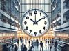 Grande orologio in ufficio con impiegati attivi, simbolo di produttività e tempo.