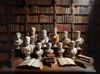 Busti di filosofi antichi su sfondo di libreria piena di libri.