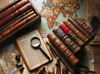 Raccolta di libri classici di antropologia su una scrivania con mappa del mondo