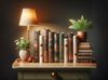 Libreria accogliente con lampada e piante, raccolta di libri eleganti con ornamenti dorati